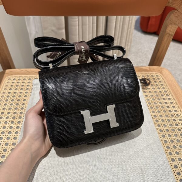 Hermès Sac Constance en Lézard CK89/Noir: Élégance Artisanale Haut de Gamme