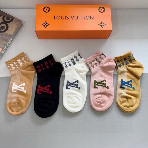 Chaussettes LV Logo Lettre – Pack de 5 Paires avec Boîte | Coton Peigné Haute Qualité