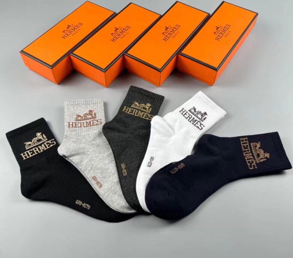 Hermès – Chaussettes homme à logo calèche, lot de 5 paires en coton respirant